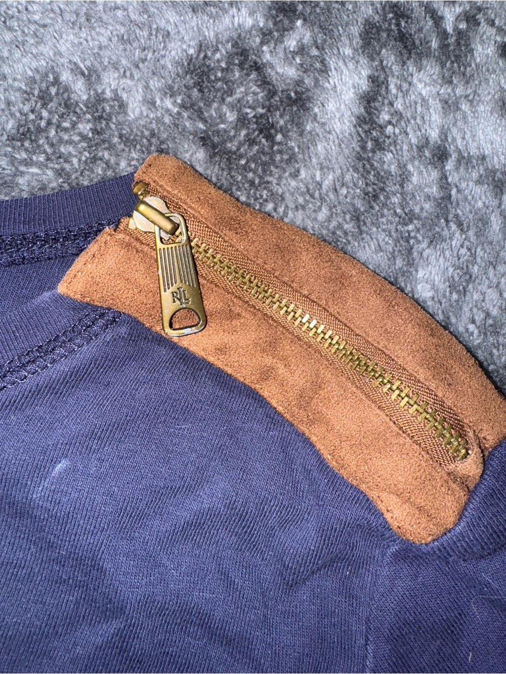 Lauren Ralph Lauren Navy Blue Long Sleeve Top with Brown Shoulder Detail - Picture 5 of 5